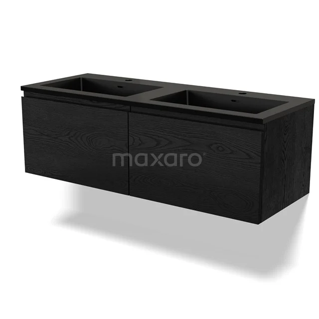 Schwarzes Doppelwaschbeckenmöbel, modernes Design, mit zwei integrierten Waschbecken; perfekt für ein stilvolles Badezimmer.