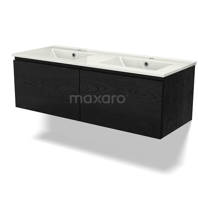 Zwart houten badkamermeubel met dubbele witte wastafel en strakke moderne vormgeving, ideaal voor badkamerinrichting.