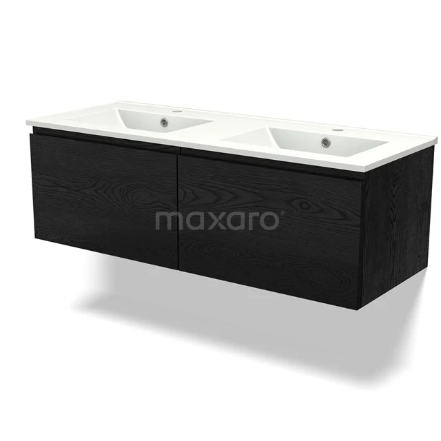 Zwart houten badkamermeubel met dubbele wastafel, strak design, ideaal voor moderne badkamers.