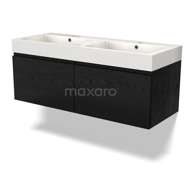 Waschtisch mit Unterschrank BMW12-00950 Doppelte schwarze Waschbeckenunterschränke mit zwei weißen Keramikwaschbecken, ideal für moderne Badezimmer.