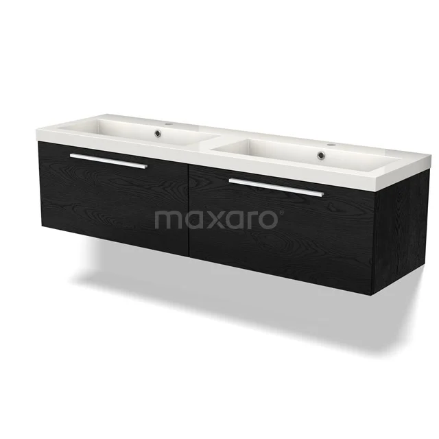 Waschtisch mit Unterschrank BMW12-00952 Schwarzer Doppelwaschbeckenunterschrank mit weißen keramischen Waschbecken, modernes Design, ideal für stilvolle Badezimmergestaltung.