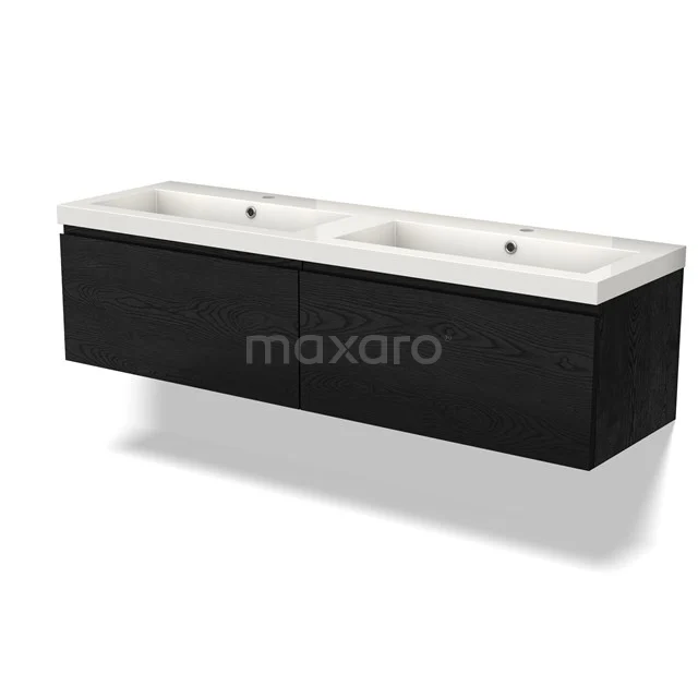 Zwarte wandgemonteerde wastafelmeubel met dubbele keramische wastafel, modern design, ideaal voor badkameropslag.
