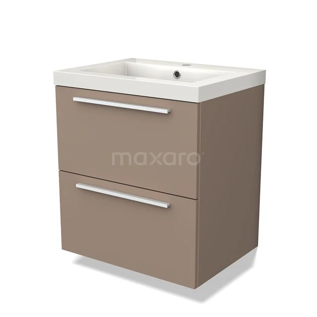 Beige badkamermeubel met twee lades, witte keramische wastafel en chromen handgrepen, compact en modern design.