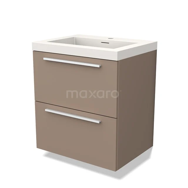 Hangend beige badmeubel met twee lades en wit keramische wastafel, ideaal voor een moderne badkamer.
