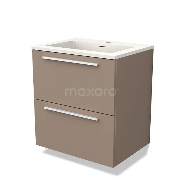 Brauner Badschrank mit zwei Schubladen, weißer Keramik-Waschtischplatte, modernes Design und Aluminium-Haltegriffen.