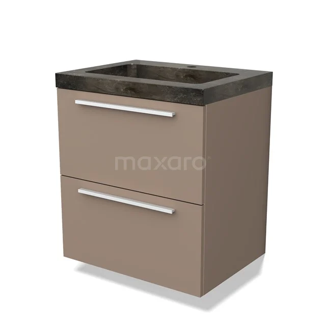 Beige badkamermeubel met twee lades, marmeren wastafelblad en moderne handgrepen. Perfect voor stijlvolle badkameropslag.