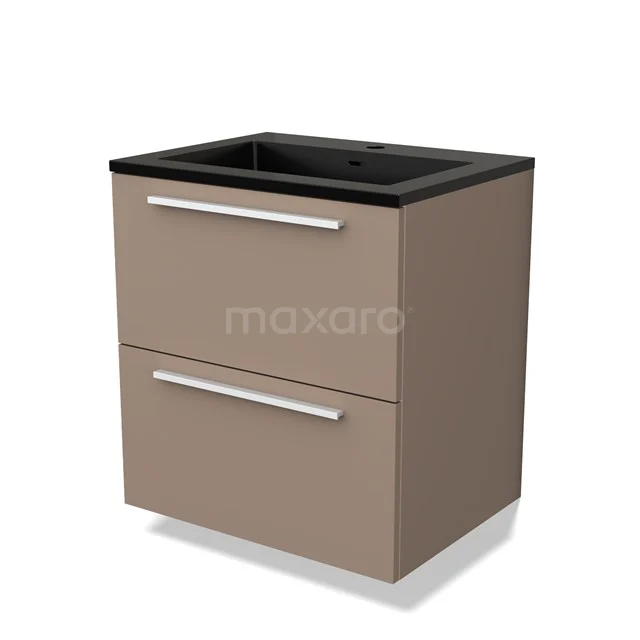 Modern beige badkamermeubel met zwarte wastafel, twee lades en metalen handgrepen, ideaal voor een stijlvolle badkamerinrichting.
