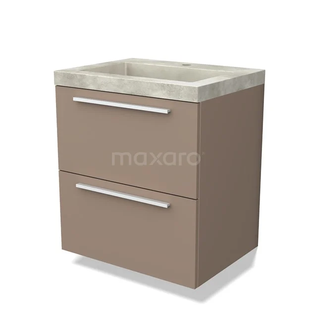 Bruine badkamermeubel met twee lades, witte handgrepen en natuurstenen wastafel, modern design voor stijlvolle badkamers.