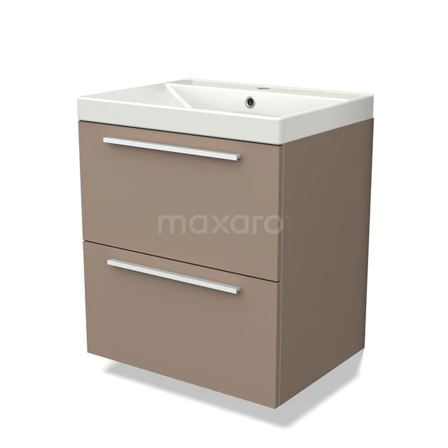 Bruine badkamerkast met twee lades en witte wastafel, modern design, ideaal voor stijlvolle badkameropslag.