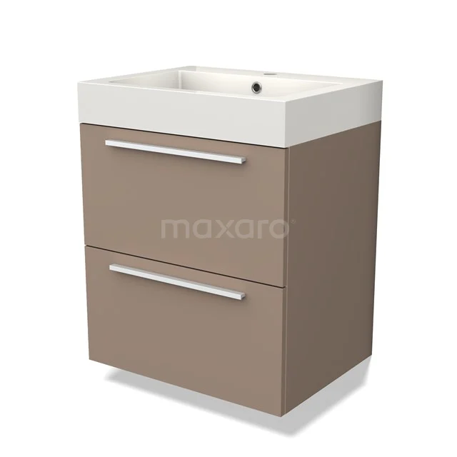 Compact zandkleurig wastafelmeubel met twee lades, geïntegreerde witte wasbak, ideaal voor een moderne badkamerstijl.
