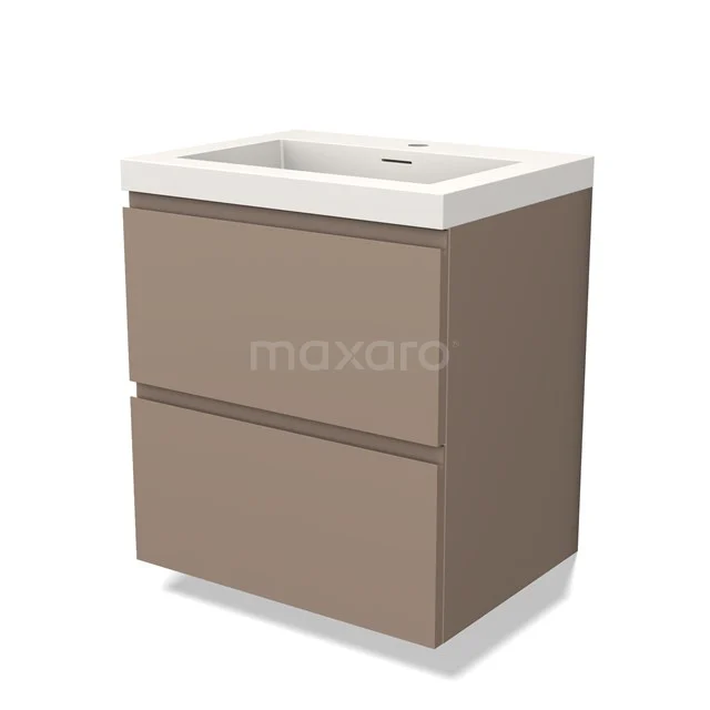 Bruine wastafelonderkast met twee lades, glanzend afwerking, inclusief witte keramische wastafel geschikt voor moderne badkamers.