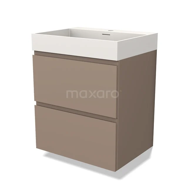 Bruin badkamermeubel met twee lades, wit keramieken wastafelblad, strak design, perfect voor moderne badkamers.