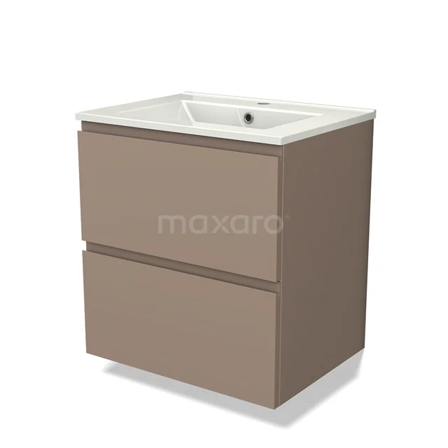 Moderne lichtbruine badkamermeubelset met twee lades en witte keramische wastafel, ideaal voor compacte badkamers.