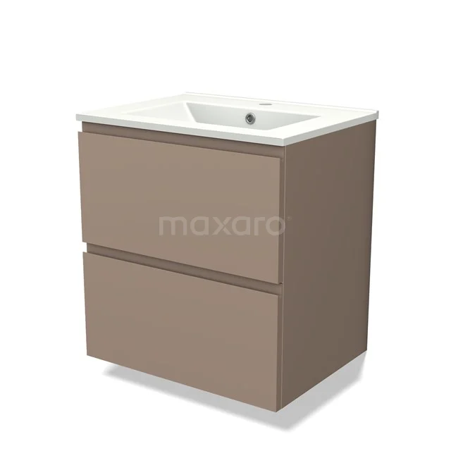Bruin badmeubel met twee lades en witte wastafel, modern design, ideaal voor een stijlvolle badkamerinrichting.