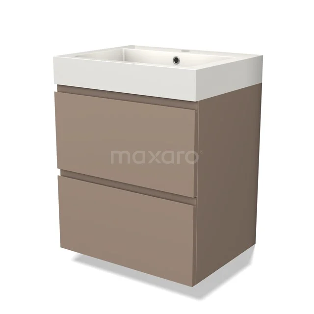Compact taupe-wasmeubel met twee lades, witte keramische wastafel; ideaal voor een stijlvolle en praktische badkamerinrichting.