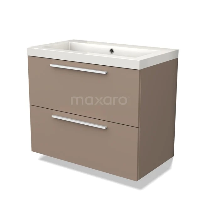Modern taupe badkamermeubel met twee lades, stijlvolle handgrepen en witte keramische wastafel, ideaal voor eigentijdse badkamers.