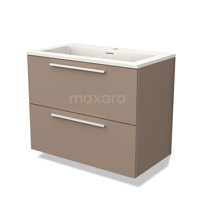 Braune Badmöbelset mit zwei Schubladen, schlankem Design, weißem Waschbecken und chromfarbenen Haltegriffen, perfekt für moderne Bäder.