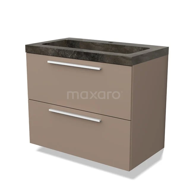 Beige badkamermeubel met twee lades en donkere marmeren wastafel, ideaal voor een moderne badkamer inrichting.