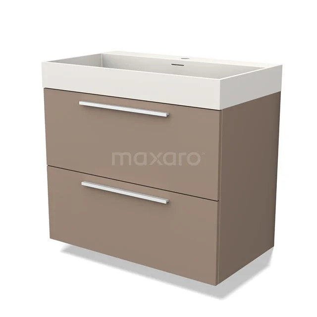 Bruine badkamermeubelset met wit keramieken wastafel, 2 lades en strakke handgrepen, modern design.