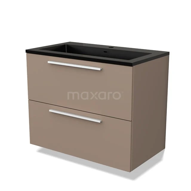 Beige badkamermeubel met twee lades, zwarte wastafel en chromen handgrepen, modern ontwerp ideaal voor elke badkamerstijl.