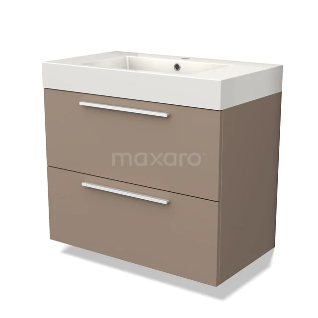 Modern taupe badkamermeubel met witte wastafel, twee lades en strak design, ideaal voor stijlvolle badkameropslag.