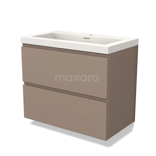 Brown bathroom furniture set with two drawers and white basin, modern wood-look design for stylish bathroom space.