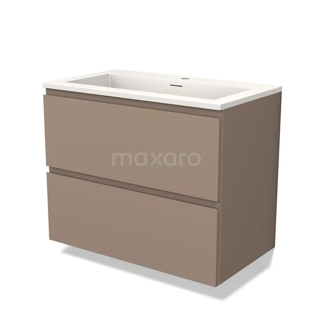 Braunes Badmöbel mit zwei Schubladen, modernes Design, Kunststoffoberfläche und weißem keramischen Waschbecken, ideal für das Badezimmer.