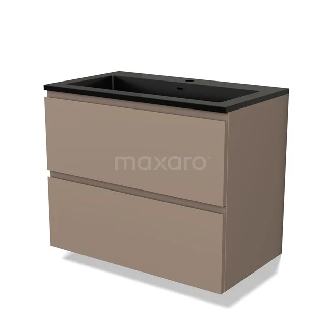 Mat Taupe Badmöbel mit zwei Schubladen und schwarzem Waschbecken, modernes Design, ideal für Luxus Bäder.