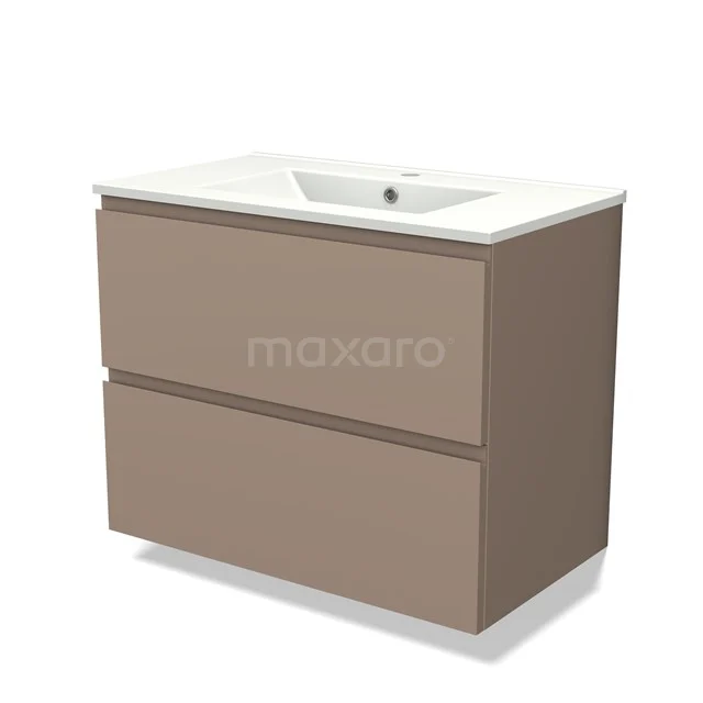 Taupe Badmöbel mit zwei breiten Schubladen und keramischem Waschbecken, straffes Design aus moderner Möbelserie.