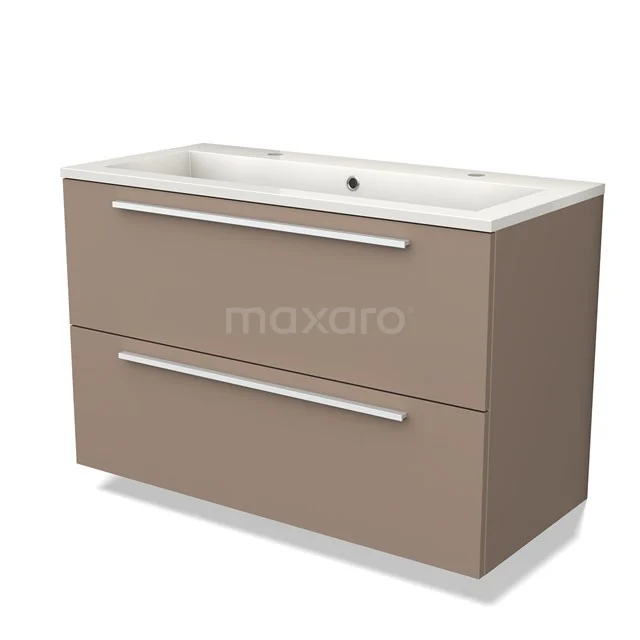 Beige badkamermeubel met dubbele lades, modern design en wit keramieken wastafelblad, ideaal voor een stijlvolle badkamer.