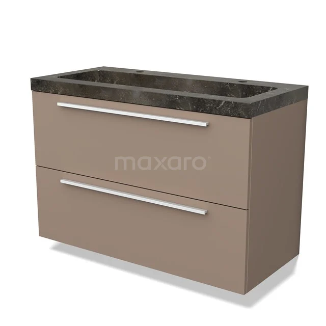 Bruin badkamermeubel met twee lades, stijlvolle marmeren wastafel, modern design voor een luxe badkamer inrichting.