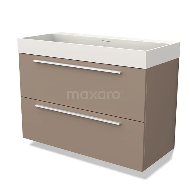 Beige badkamermeubel met softclose lades, witte keramische wastafel en modern design, ideaal voor stijlvolle badkamerruimtes.