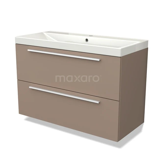 Bruine badkamermeubelset met witte keramische wastafel, twee lades en metalen handgrepen, ideaal voor moderne badkamers.