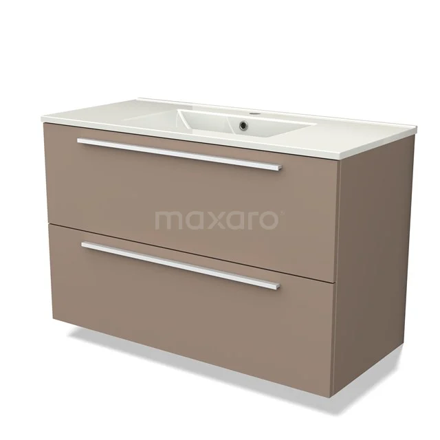 Taupe bathroom unit with white vanity units with basin, two wide drawers and sleek design, ideal for modern bathroom design.