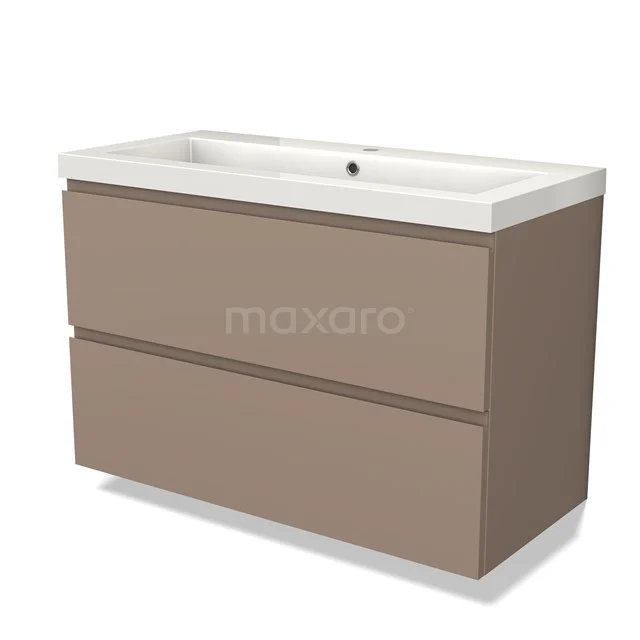 Two-piece taupe bathroom furniture set with integrated white basin from the modern Solid series.