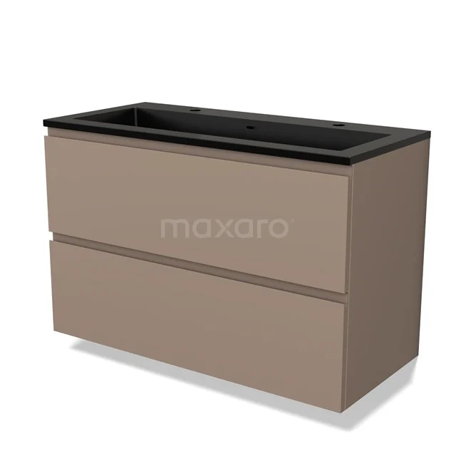 Matte taupe bathroom unit with double drawers and black basin worktop, ideal for a modern bathroom style.