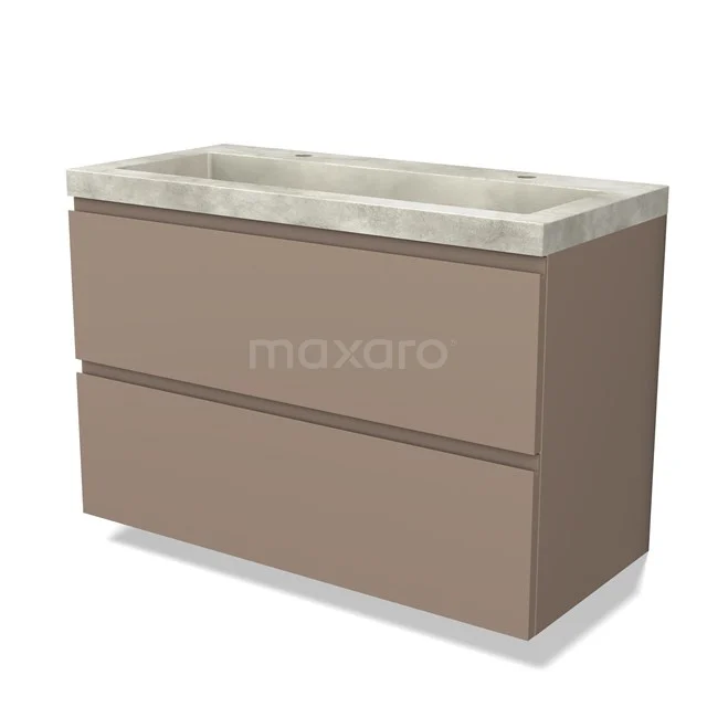 Brown bathroom unit with 2 drawers and rectangular concrete-look basin worktop, modern design.