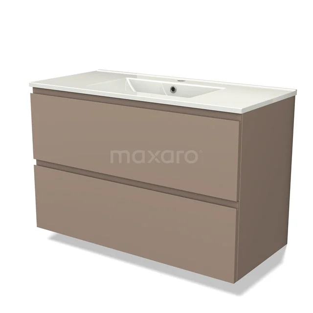 Beige Badmöbel mit zwei Schubladen und integriertem Waschbecken, modernes Design, geeignet für zeitgemäße Badezimmergestaltung.