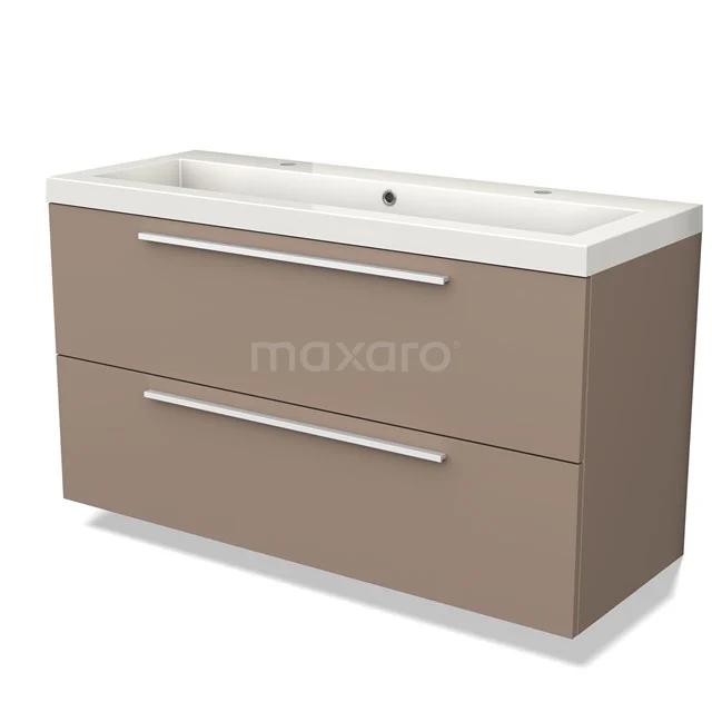 Lichtbruin badkamermeubel met twee lades en ingebouwde witte wastafel, modern design met strakke handgrepen.