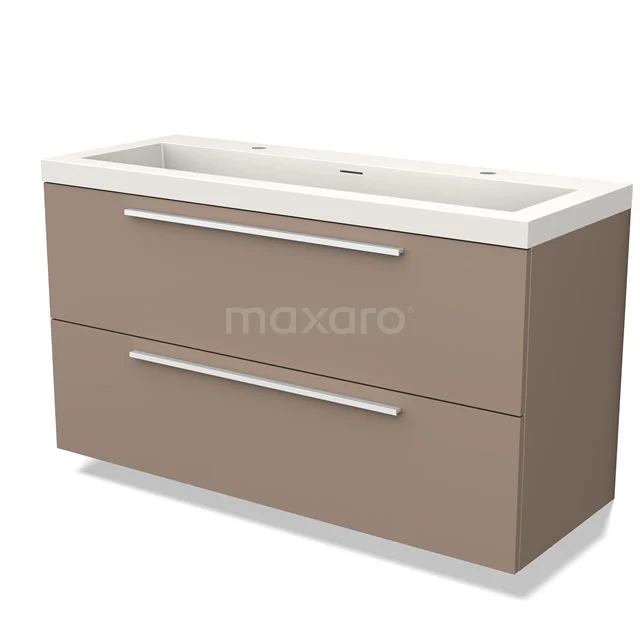 Tweepersoons wastafelmeubel in taupe met twee lades en witte keramische wasbak, ideaal voor moderne badkamerinrichting.