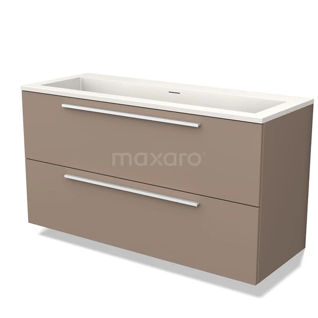 Taupe badkamermeubel met twee lades, strakke handgrepen en witte wastafel, ideaal voor moderne badkamerinrichting.