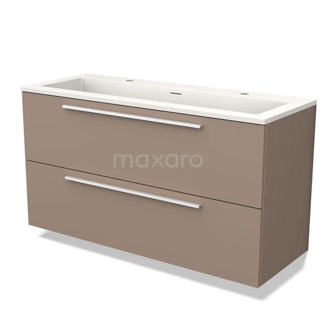 Lichtbruine badkamerkast met twee lades, witte wastafel en chromen grepen, ideaal voor modern badkamerdesign.