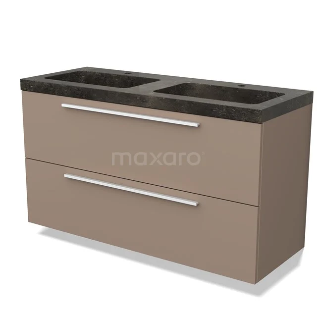Tweepersoons taupe badkamermeubel met zwarte wastafel, modern design, twee brede lades, ideaal voor stijlvolle badkamers.
