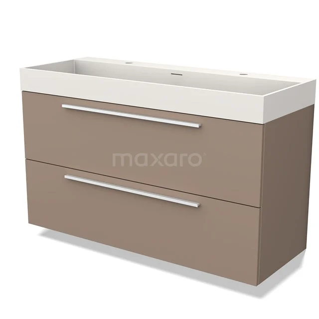 Moderne wastafelmeubel, taupe kleur, met dubbele lades en witte keramische wastafel; ideaal voor een stijlvolle badkamer.