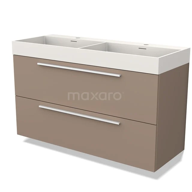 Taupe-coloured bathroom unit with double basin, sleek drawers and chrome handles, perfect for modern bathroom fittings.