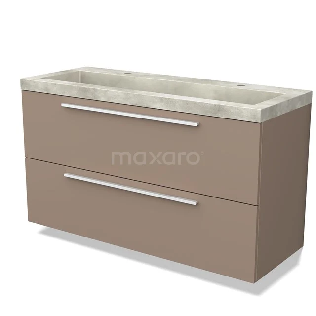 Bruine badkamermeubelset met twee lades, betonnen wastafelblad en zilveren handgrepen, modern en strak design.