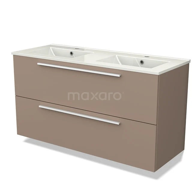 Zweiteiliges beiges Badezimmermöbel mit doppeltem Waschbecken und schlichten Griffen, ideal für eine moderne Badezimmergestaltung.