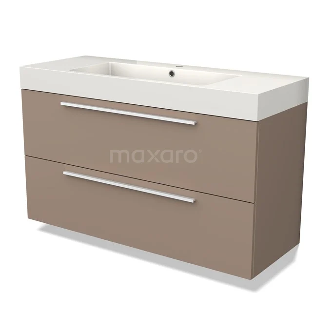 Beige badkamermeubel met twee lades, witte wasbak en strakke handgrepen, ideaal voor stijlvolle badkameropslag.