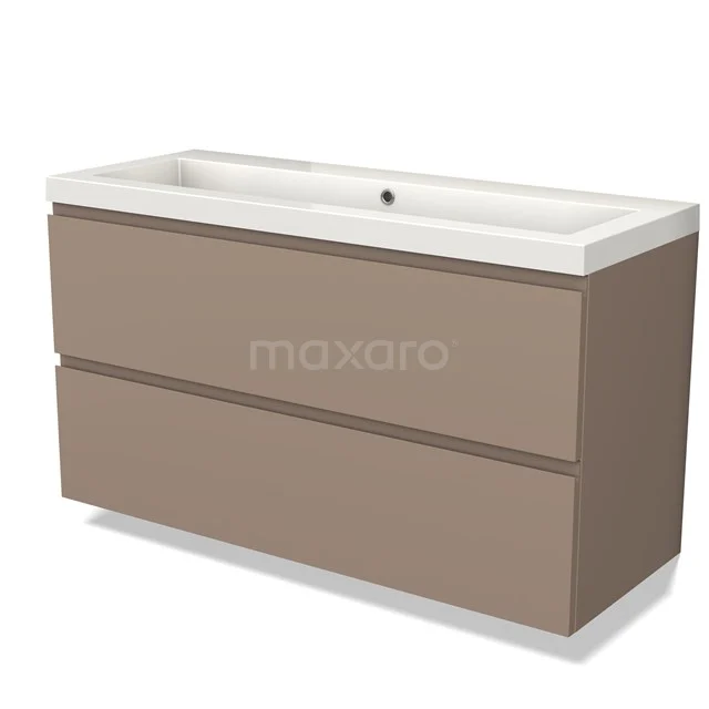 Mat taupe badkamermeubel met dubbele lades en witte, keramische wastafel, ideaal voor moderne badkamers.