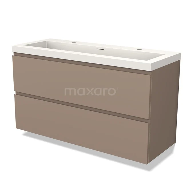 Beige Badmöbel mit Doppelwaschbecken, straffes Design, zwei breite Schubladen und hochwertiges Material für ein modernes Badezimmer.